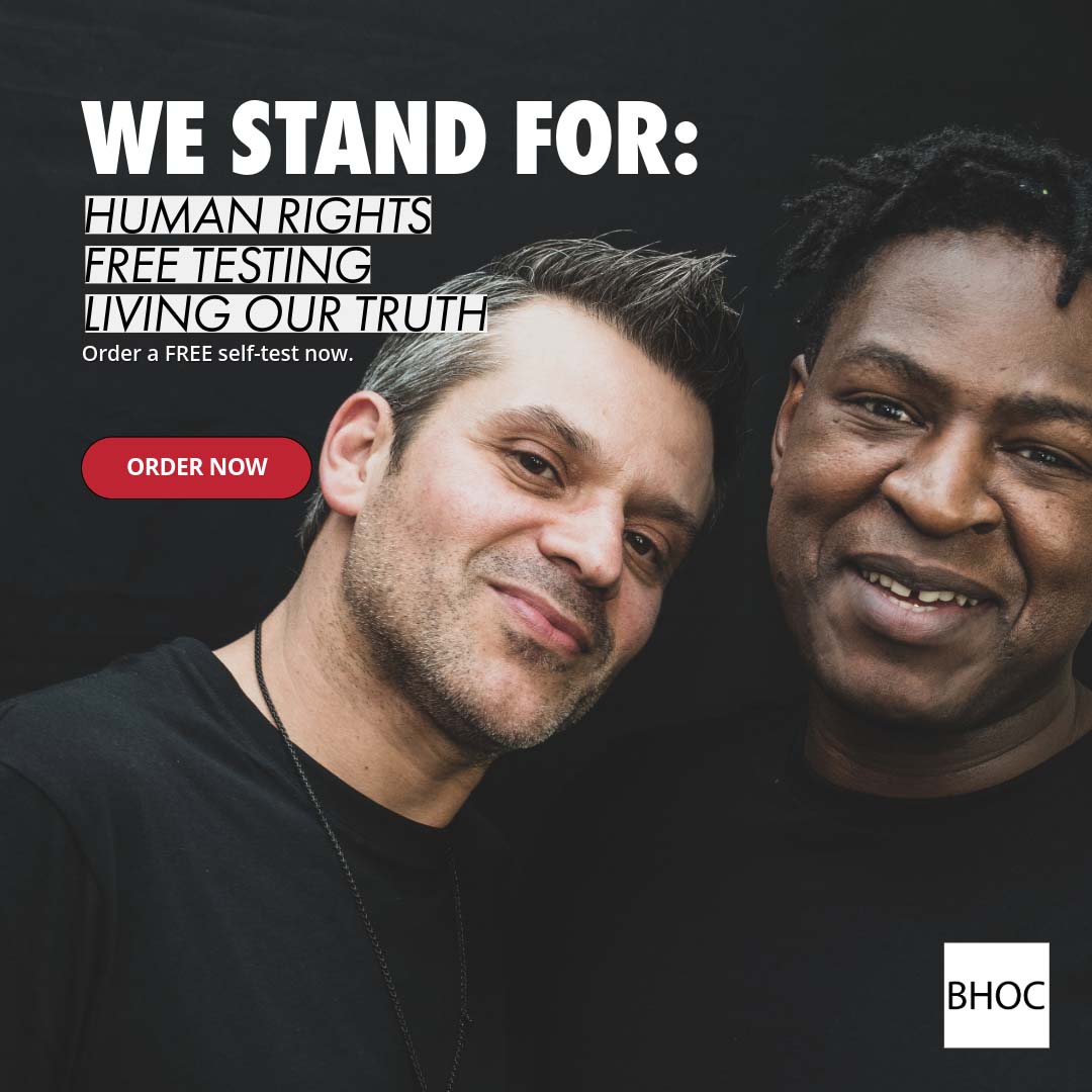 Two men in a campaign image for free HIV testing.